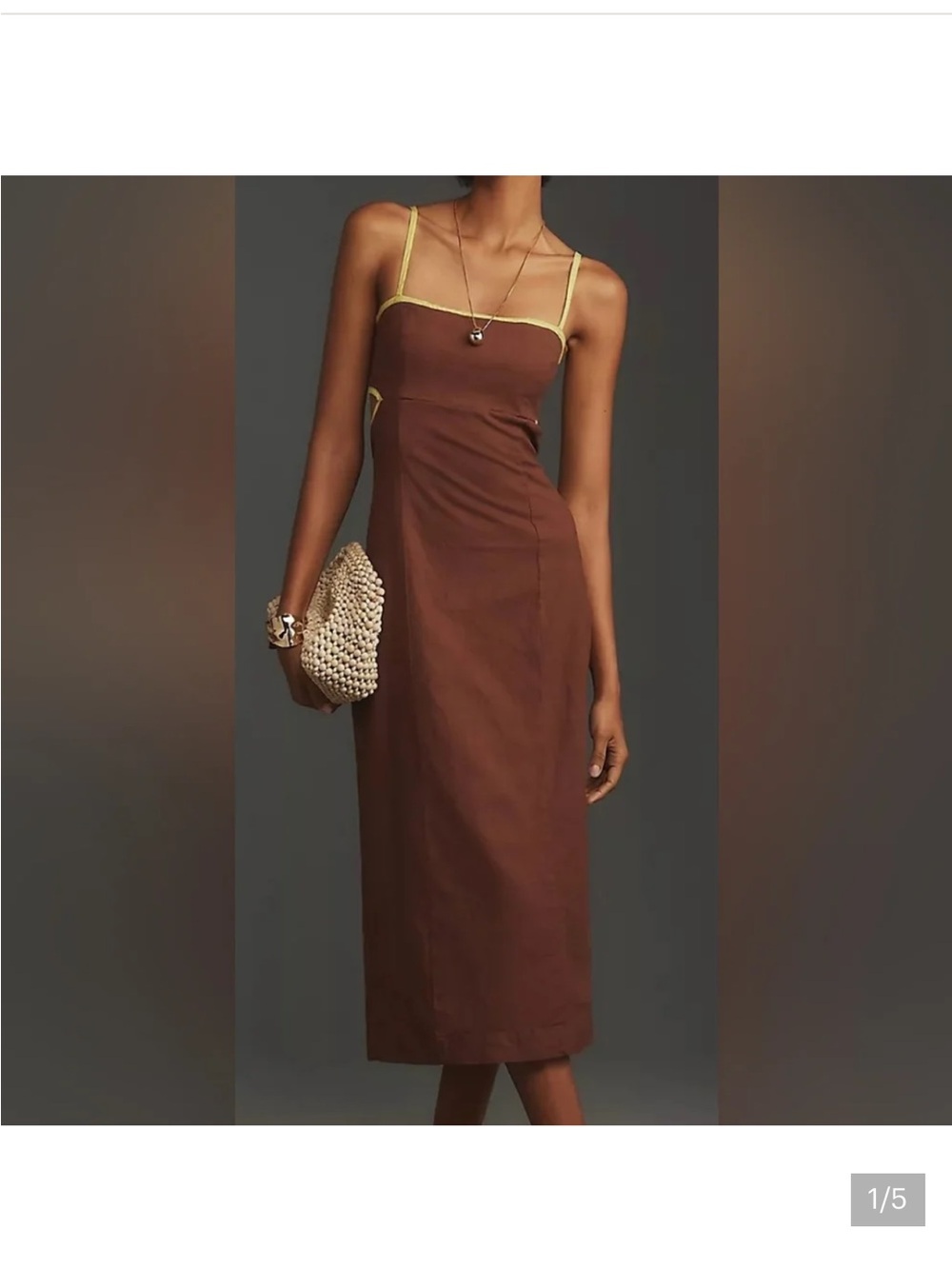 Maeve Anthro Brown Linen Midi Dress Chartreuse Trim Side & Back Cutouts Size L